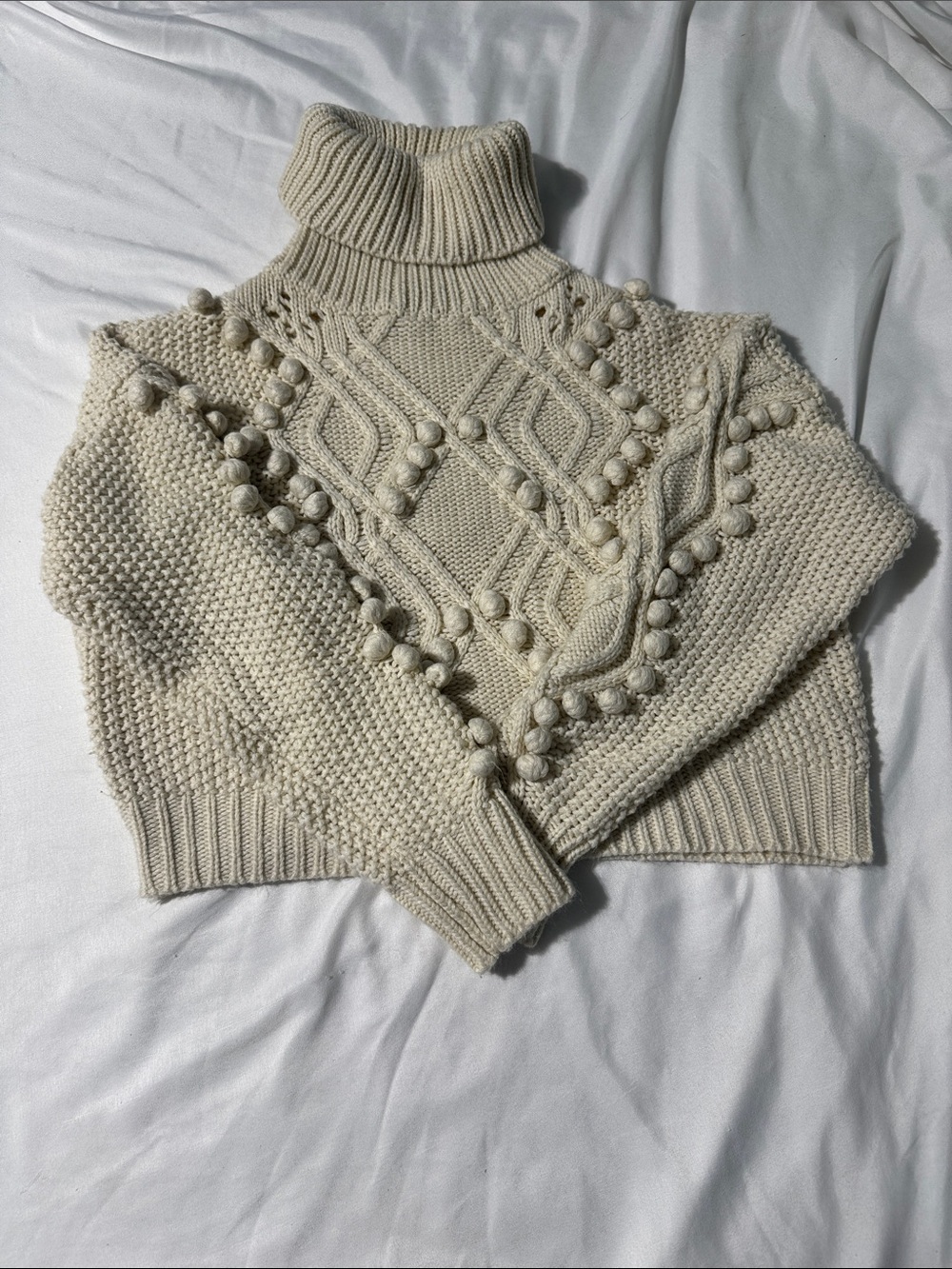 Forever 21 Turtleneck Sweater Small Sweater Cream Cable Knit Cropped Pom Pom
